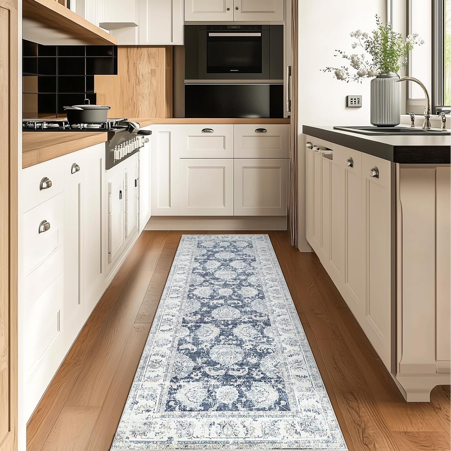 jinchan Runner Rug 2x6 Machine Washable Hallway Rug Dark Blue Vintage Floral Print Non-Slip Low Pile Ultra-Thin for Kitchen,Entryway,Laundry Room,Bedroom,Farmhouse (2‘x6’,Dark Blue)