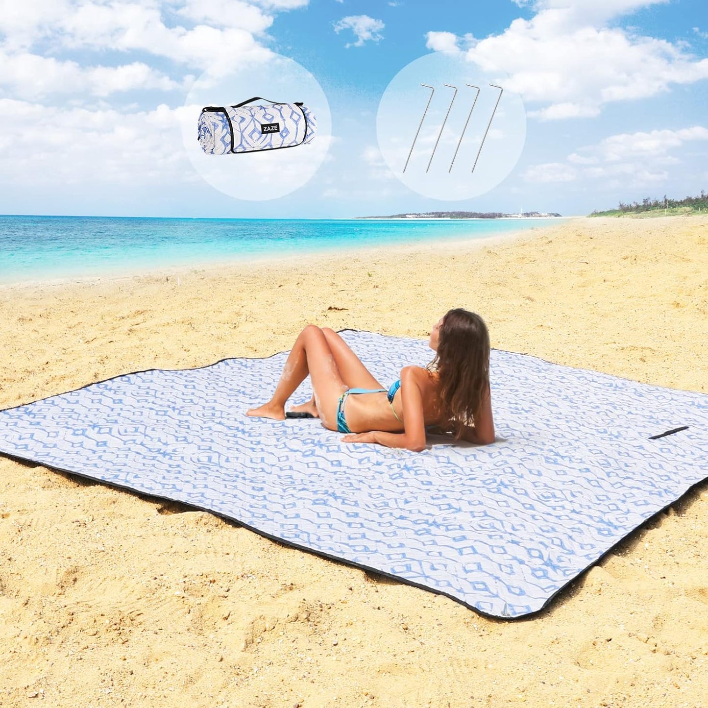 ZAZE Beach Blanket Picnic Blankets Waterproof Sandproof with Stakes, Thick 3-Layer 80 * 80 Oversized Mat, Extra Large Big Machine Washable, Foldable Accessories Outdoor Camping Park (Blue White)