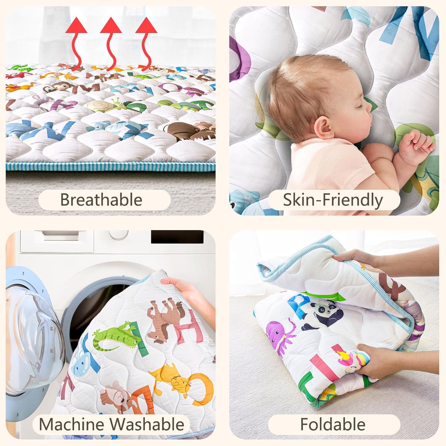 Baby Play Mats for Floor, 71”x59” Upgraded Thickness & Larger Super Soft Playmat for Babies and Toddlers, Foldable Washable, Upgrade Anti-Slip Crawling Mat for Playpen(Animal Alphabets)