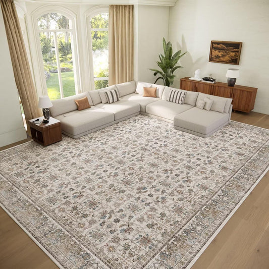 Washable 9x12 Area Rugs for Living Room, Boho Non-Slip Silicone Backing Rugs for Bedroom Dining Room Nursery Office, 0.3" Neutral Oriental Throw Carpet with 0.16" Cushioning Pad, Cream/Multi
