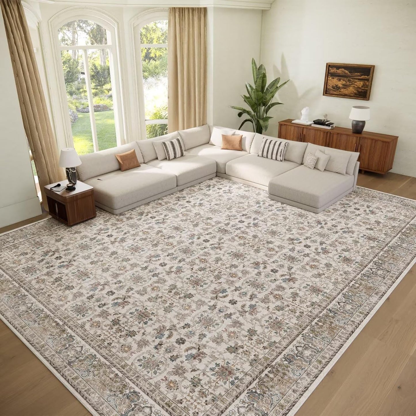 Washable 10x14 Area Rugs for Living Room, Boho Non-Slip Silicone Backing Rugs for Bedroom Dining Room Office, 0.3" Neutral Oriental Throw Carpet with 0.16" Cushioning Pad, Cream/Multi