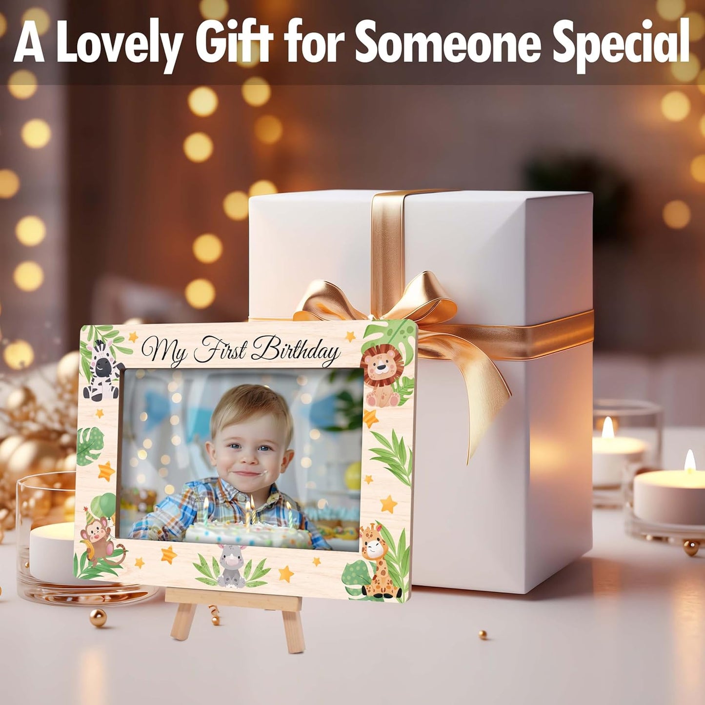 My 1st Birthday Picture Frames, Jungle Animal Wooden 4x6 Photo Frame with Easel, Baby First Year Birthday Gifts for Home Office Tabletop Display Decorations - G04