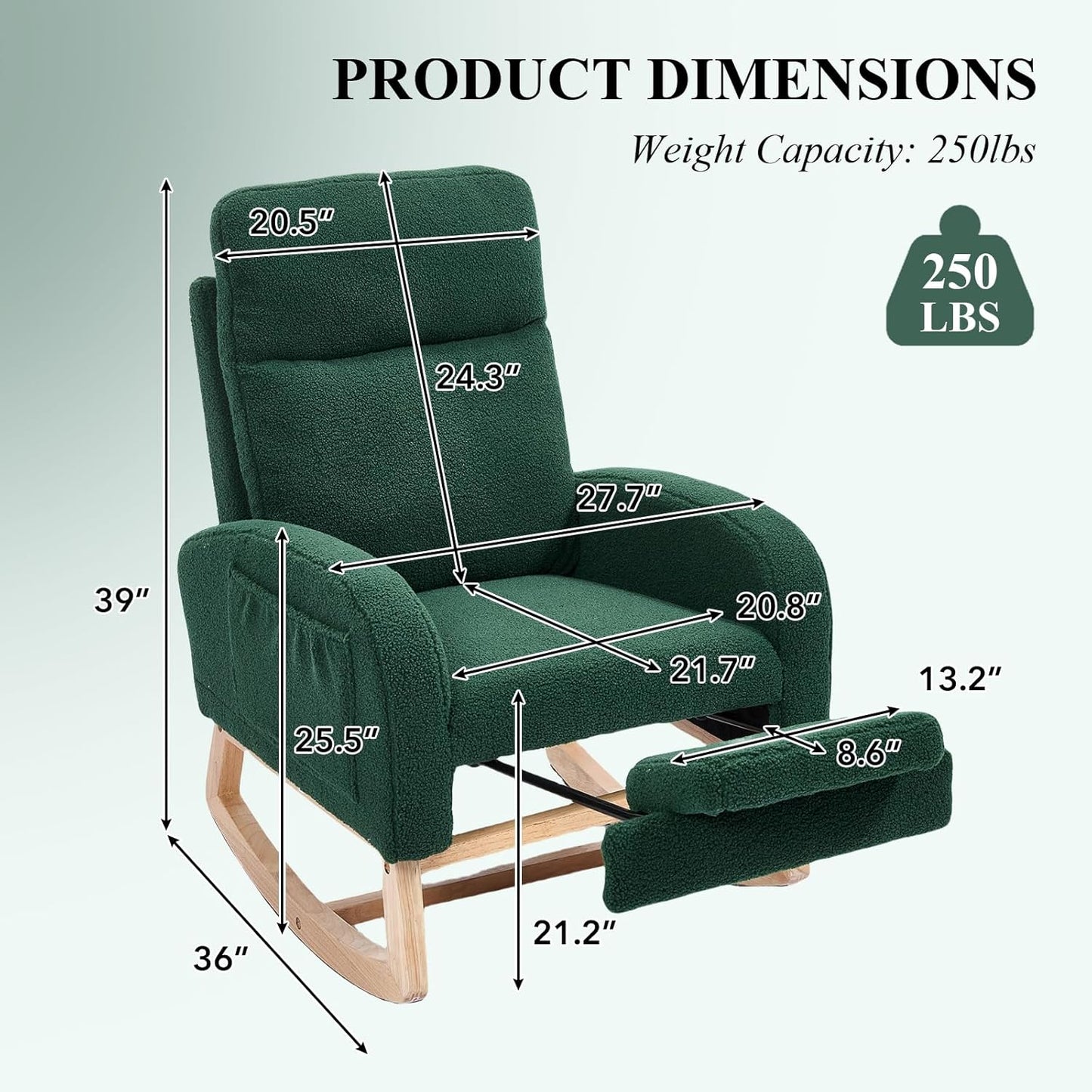 NIOIIKIT Oversized Nursery Rocking Chair, Teddy Upholstered Glider Chair with Footrest, Large Glider Rocker with Side Pocket, Rocking Accent Chair, Glider Recliner for Living Room (Green Teddy)