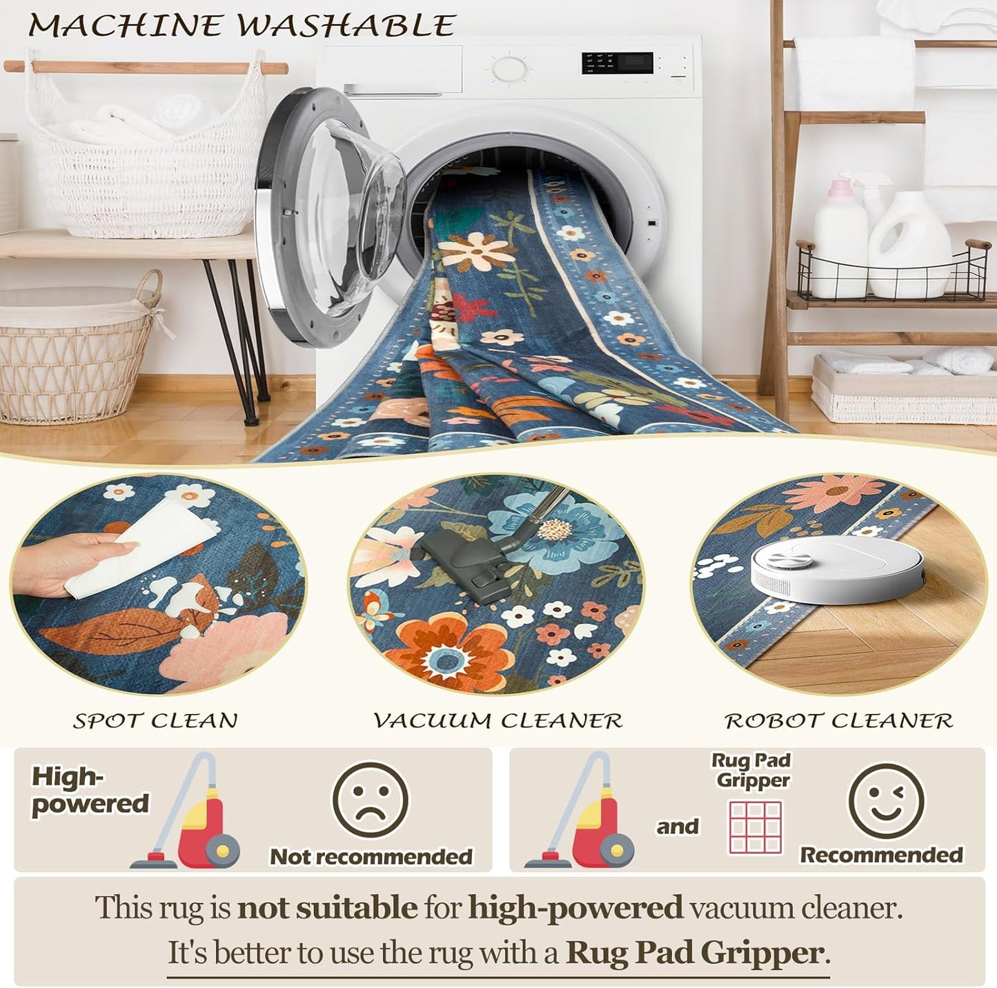 Floral 2x6 Area Rug Machine Washable Soft Print Boho Carpet Non Slip Doormat Low Pile Flower Area Rugs for Living Room Bedroom Nursery Kitchen Dining Room Indoor-Blue/Grey