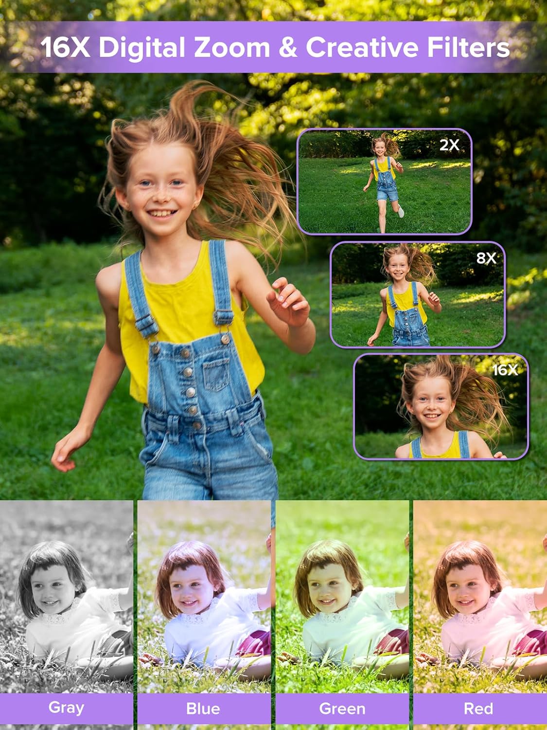 Digital Camera, Kids Camera1080P, Vlog Camera with 64GB Card, 16X Zoom Anti Shake, Card Reader, 44MP Compact Portable Small Point Shoot Digicam Gift for Kid Student Children Teen Girl Boy(Pruple)