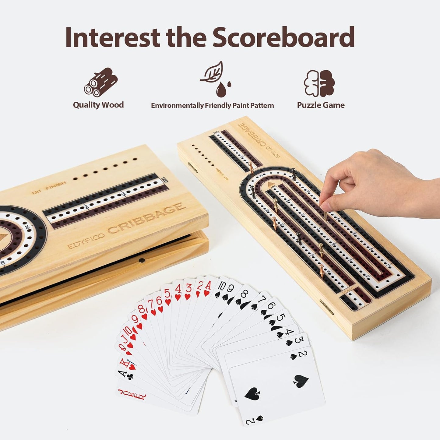 Cribbage Board Game Set, Premium Wooden Board with Magnetic Lock and 9 Metal Pegs, 2 Decks of Playing Cards, Large Storage - Travel Portable 3-Track Cribbage Game Sets for Family (Instruction Include