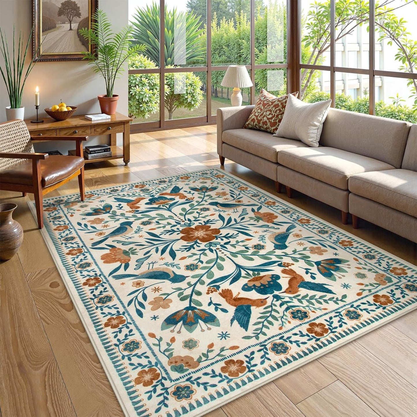 Moynesa Washable Boho Bird 6x9 Area Rugs, Ultra Thin Soft Living Room Rugs for Bedroom Non Slip, Stain Resistant, Easy Clean, Large Beige Indoor Throw Carpet for Dining Room Office Nursery