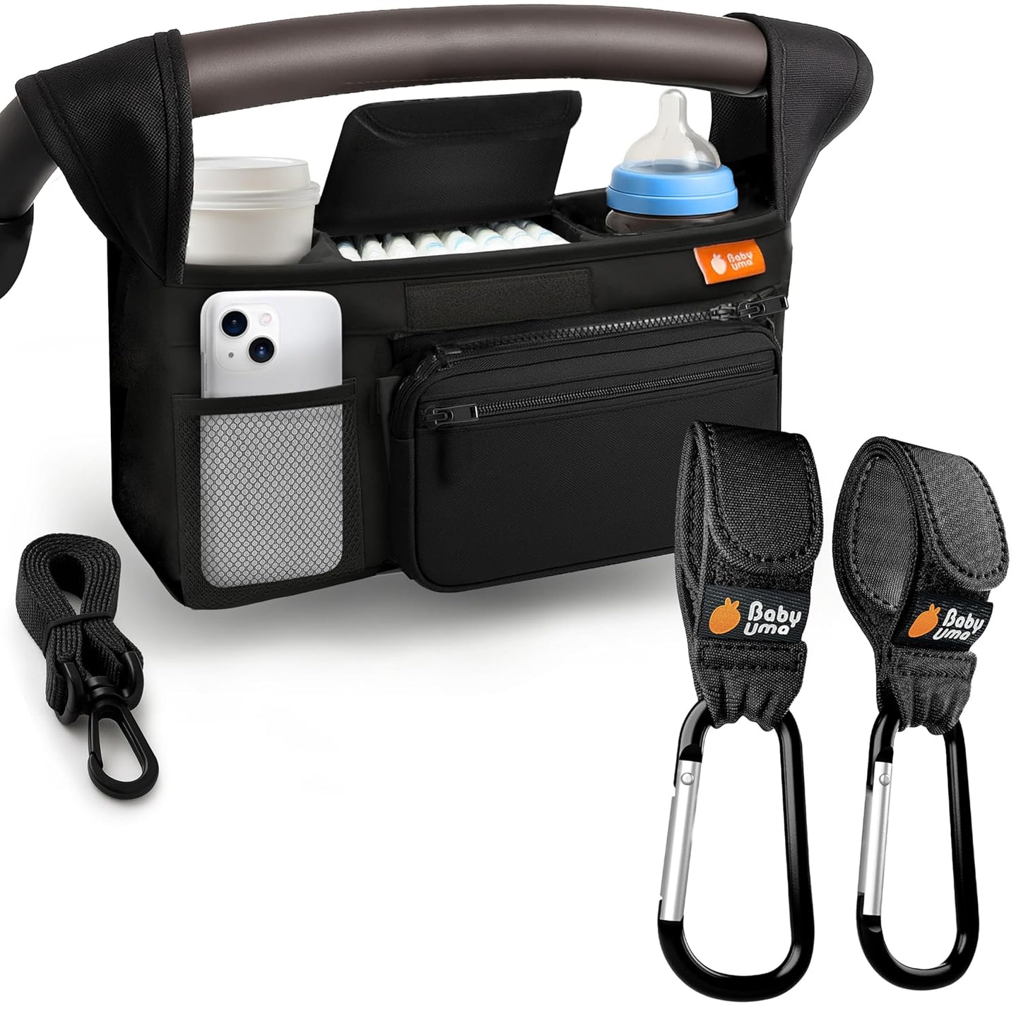 Baby Uma Stroller Caddy & Stroller Hooks - Universal Organizer Bag with XL Insulated Cup Holder, Phone Pocket, Wipes Dispenser, Wrist Bag & Mesh Pocket + 2 Carabiner Clips, Baby Travel Essential Kit