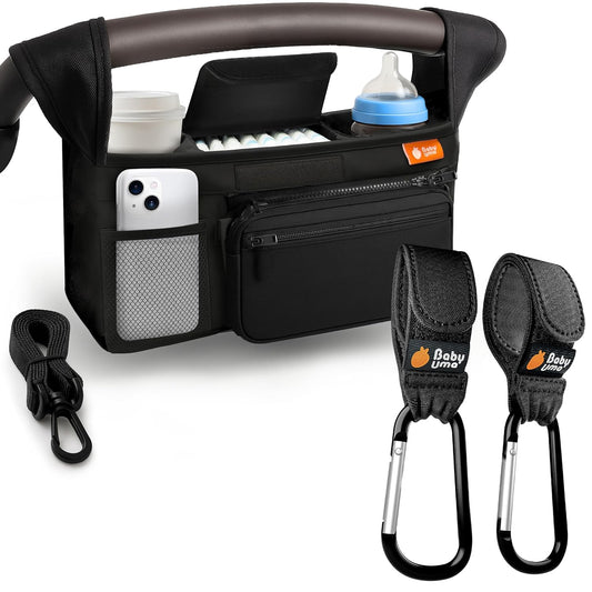 Baby Uma Stroller Caddy & Stroller Hooks - Universal Organizer Bag with XL Insulated Cup Holder, Phone Pocket, Wipes Dispenser, Wrist Bag & Mesh Pocket + 2 Carabiner Clips, Baby Travel Essential Kit
