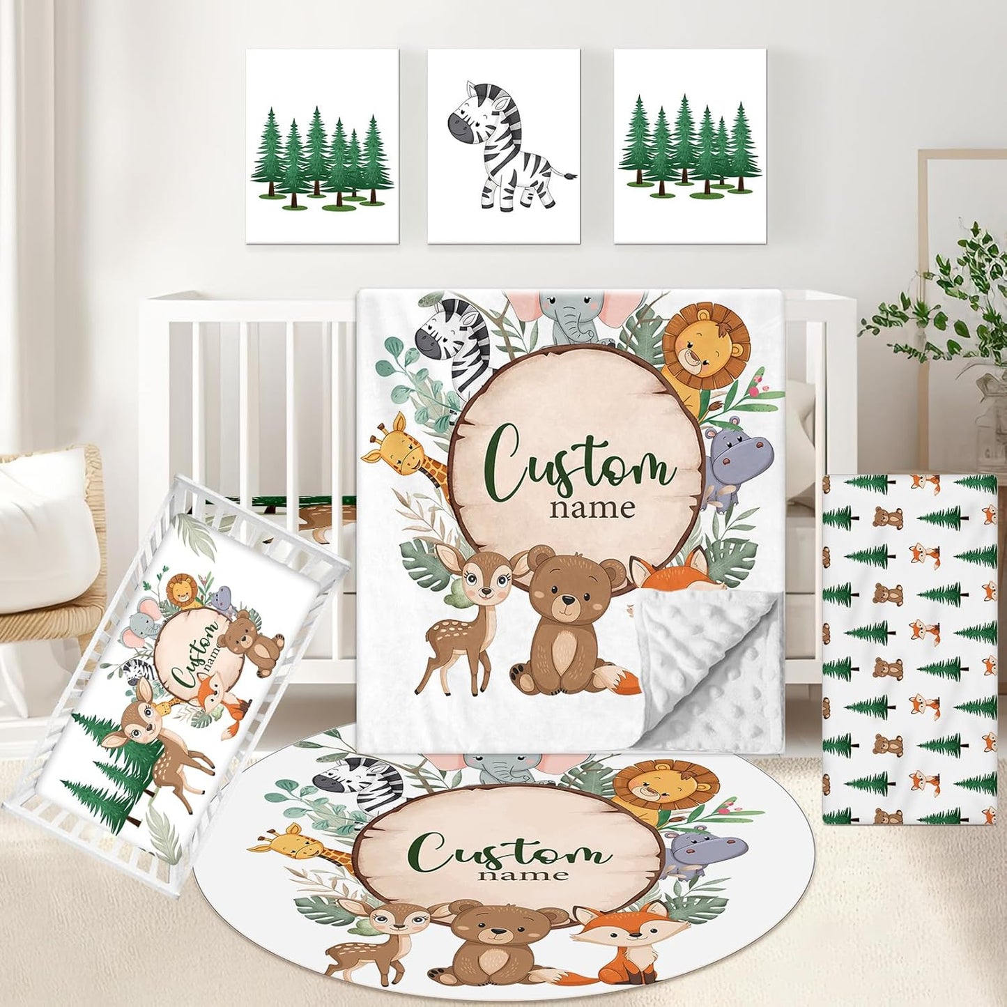 Personalized Baby Crib Bedding Set, 5 Pcs Custom Nursery Bedding Set for Girl Boy, Soft Jungle Animals Crib Set with Name, Double Layer Baby Bedding Crib Set, Toddlers Infants Customized Gift
