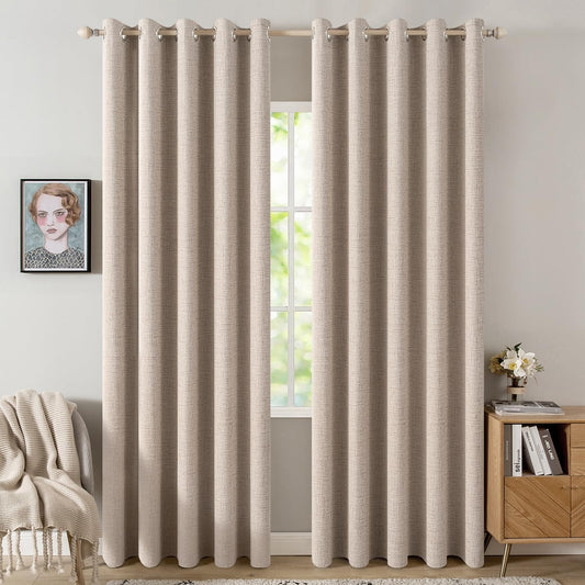 MIULEE 100% Blackout Linen Textured Curtains for Bedroom Solid Thermal Insulated Natural Beige Grommet Room Darkening Curtains & Drapes Luxury Decor for Living Room Nursery 62 x 96 Inch (2 Panels)