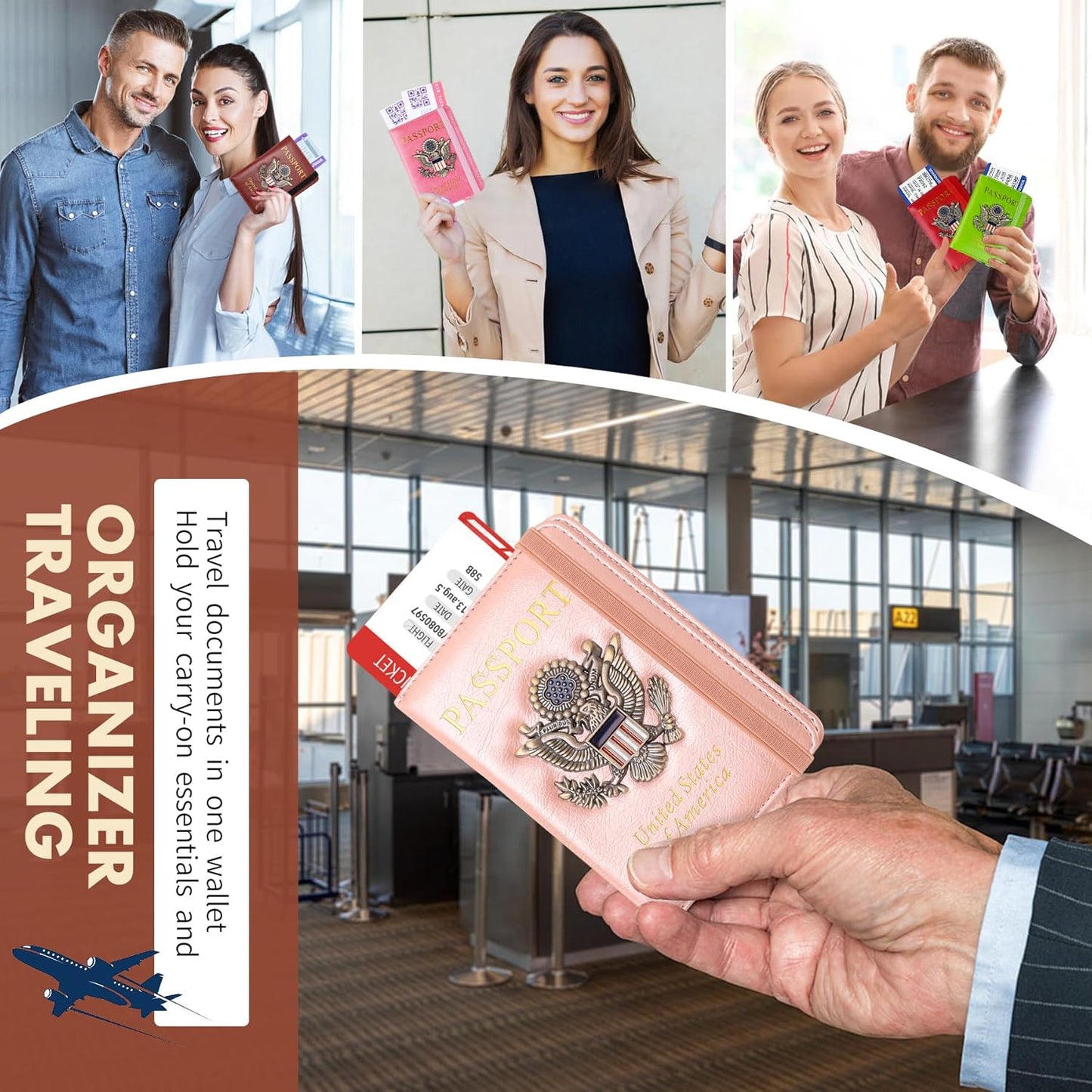 Passport Holder Cover Travel Wallet RFID Blocking Passport Wallets Family Organization Personalized Wallet Case for Men and Women Travel Must Haves(Rose gold)