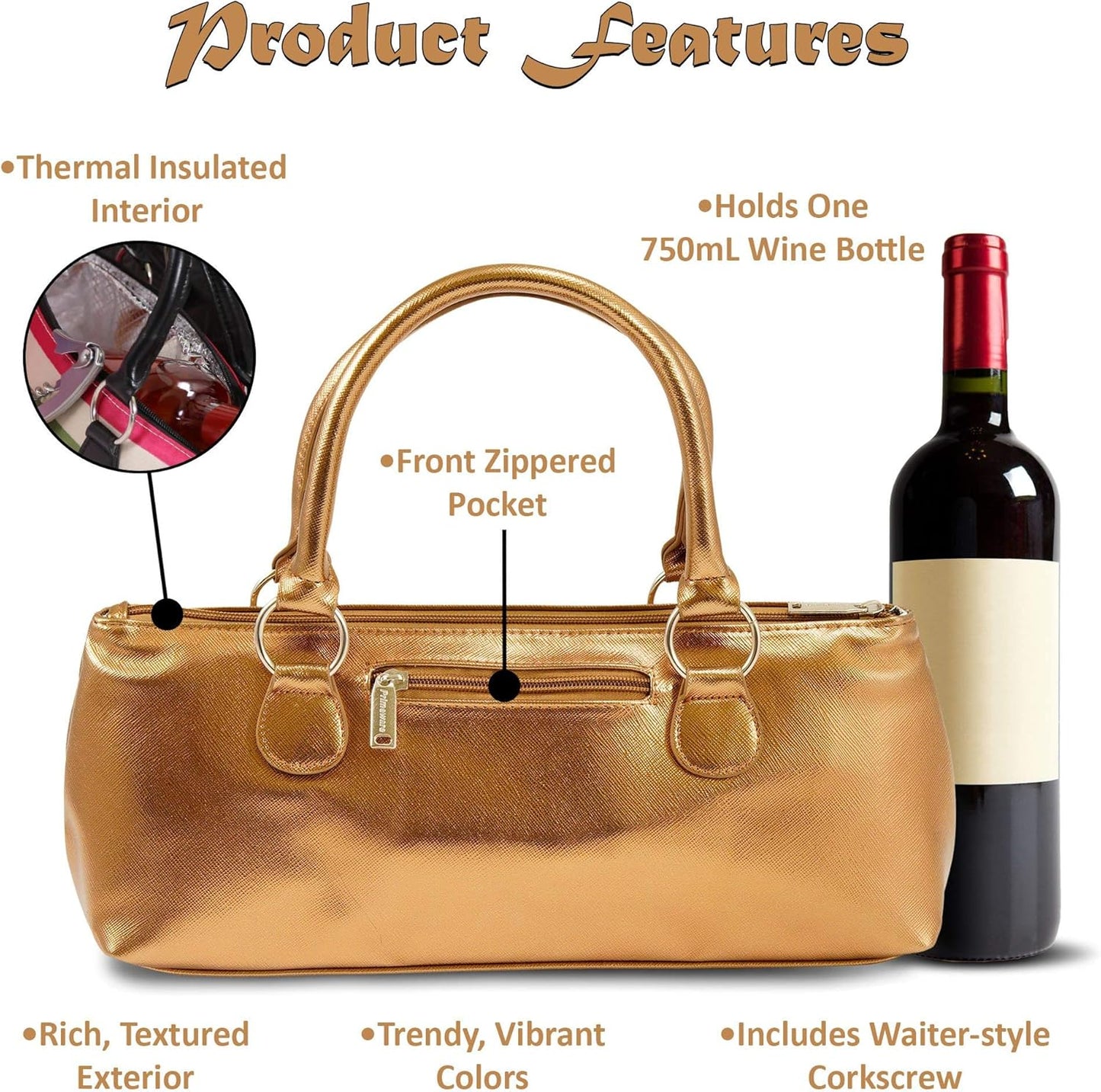 Wine Clutch Bag (Thermal Insulated) Trendy Women’s Carry Tote | Holds Red & White 750mL Bottles | Trendy Fashion | Incl. Portable Waiter-Style Corkscrew