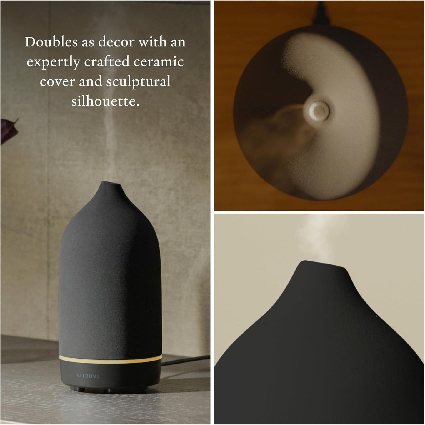 Vitruvi Stone Diffuser, Ceramic Ultrasonic Essential Oil Diffuser for Aromatherapy | Ceramic Diffuser, Diffusers for Home, Oil Diffuser, Room Decor | Black, 90ml Capacity