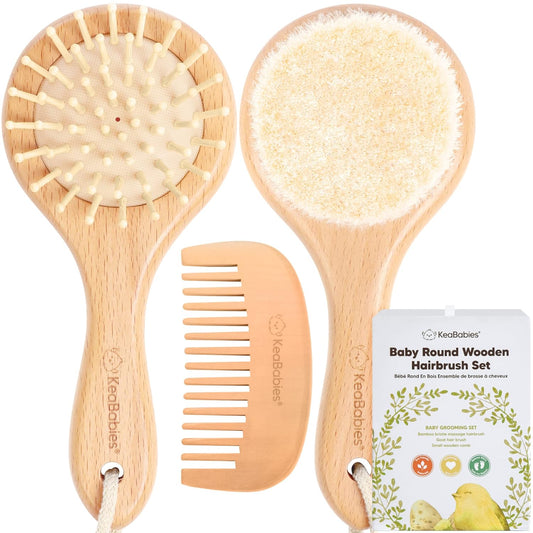 Baby Hair Brush and Comb Set for Newborn - Wooden Baby Hair Brush Set with Soft Goat Bristle, Baby Brush Set for Newborns, Baby Brush and Comb Set Girl, Boy, Toddler Cradle Cap Brush (Round, Walnut)