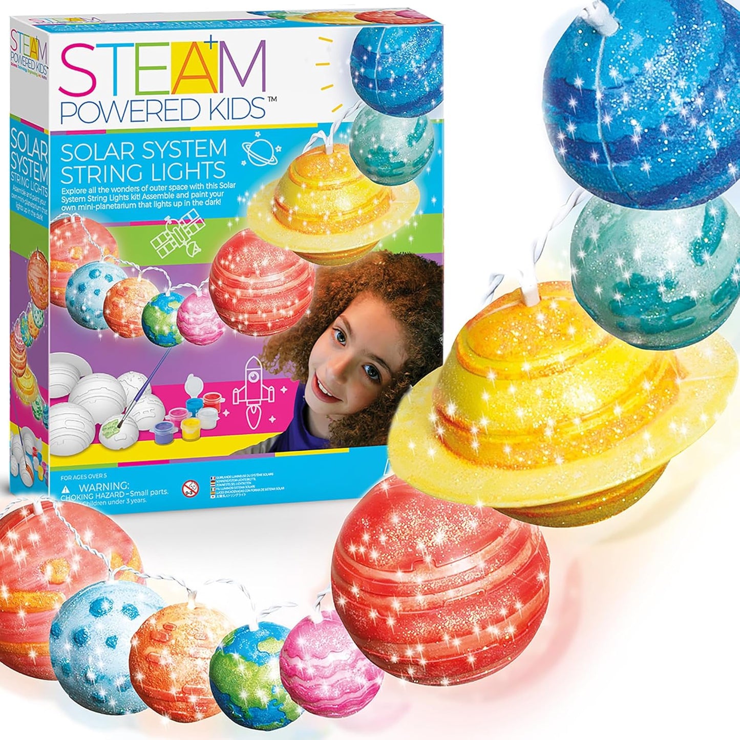 4M: STEAM Powered Kids: Solar System String Lights - Assemble & Paint Your Mini-Planetarium, LED Lights, DIY Outer Space Art & Craft Kit, Kids Ages 5+