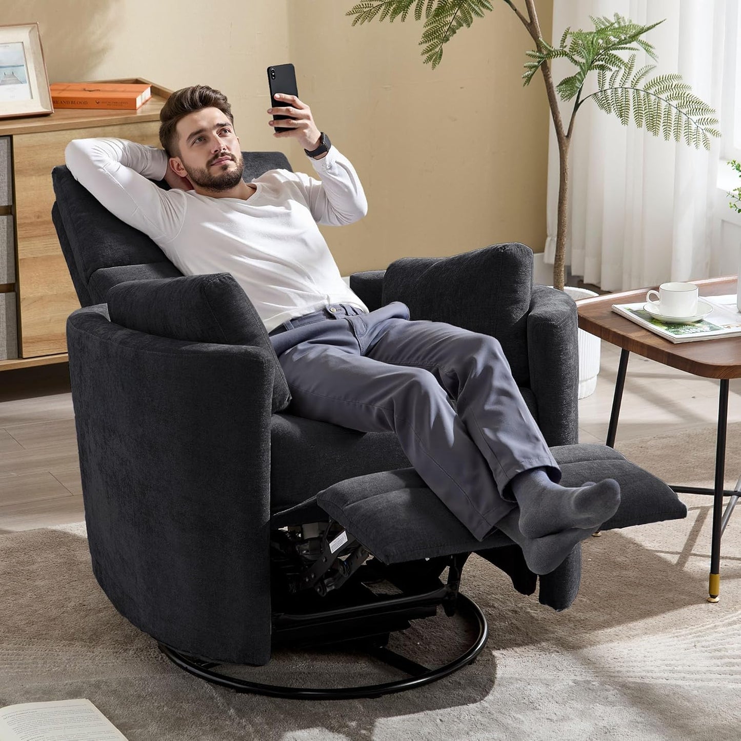 Swivel Rocker Recliner Chair, Manual Swivel Rocking Glider Chair for Nursery Adult Rocking Chair with 2 Pillows for Living Room Bedroom (Black, Manual Operation)