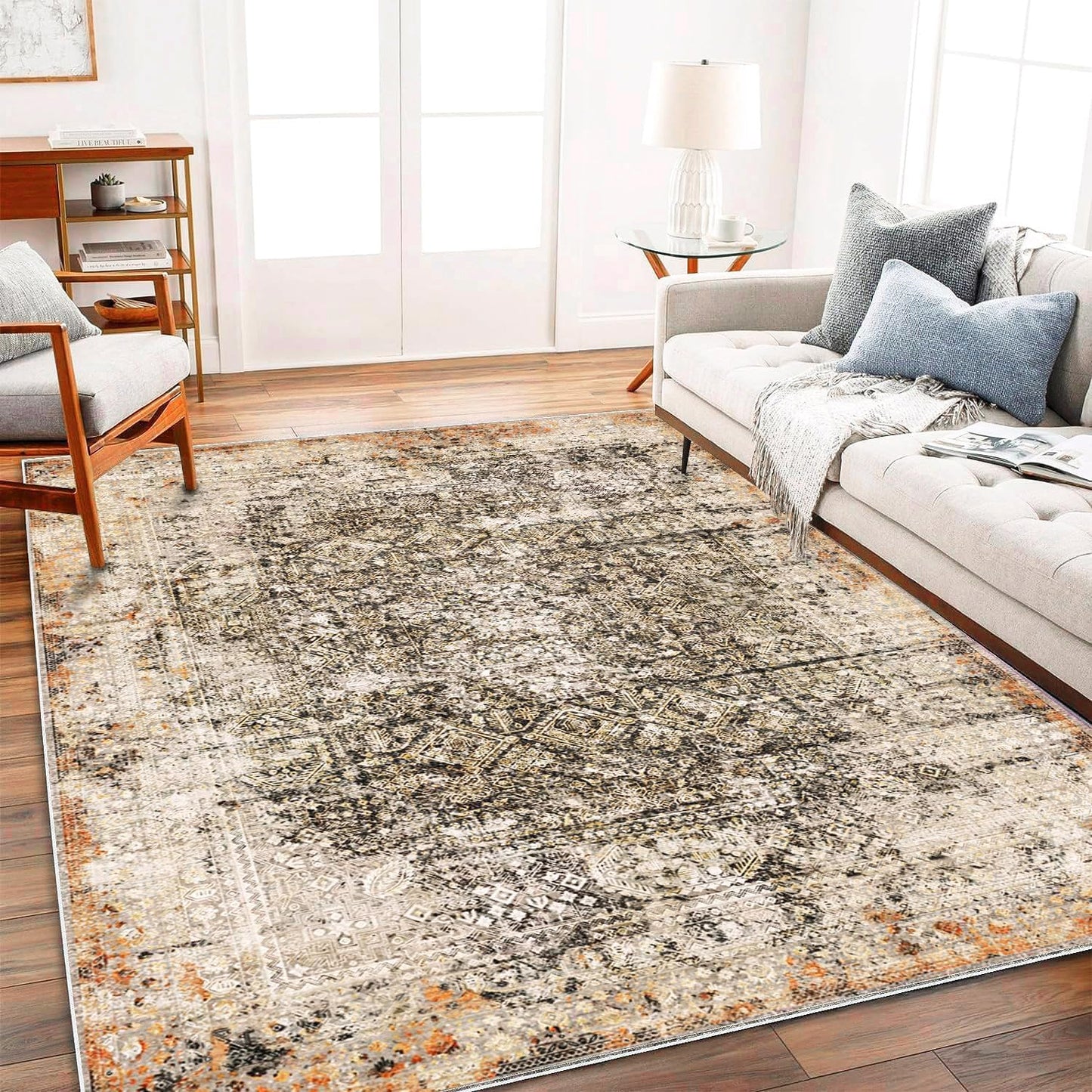 Area Rug 9'x12' Washable Vintage Traditional Mat Distressed Indoor Foldable Thin Retro Accent Floral Print Non Slip Carpet for Living Room Dining Room Office Large Rugs