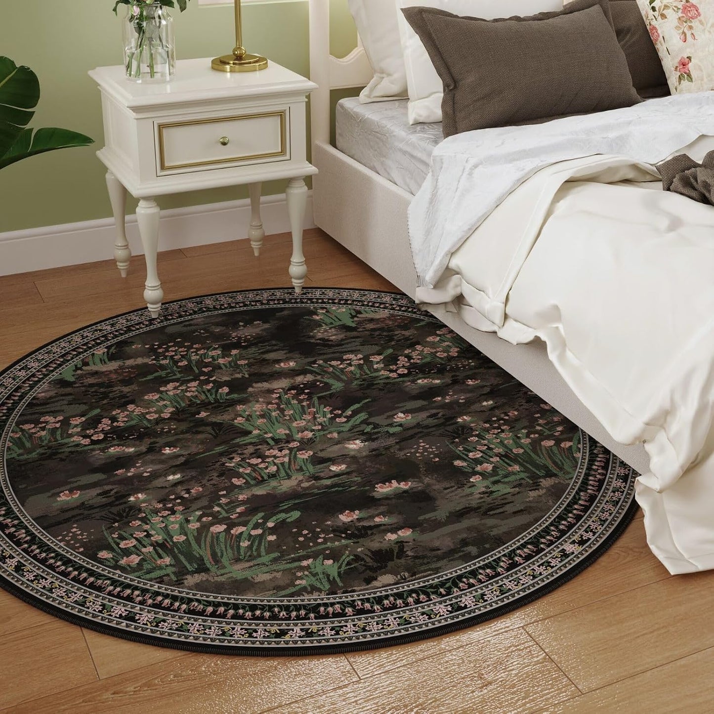 Circle Rug Impressionist-Style Vintage Round Rug 4ft Non Slip Low Pile Small Circular Rug for Bedroom Bathroom Entryway Kids Room Office College Dorm, Black