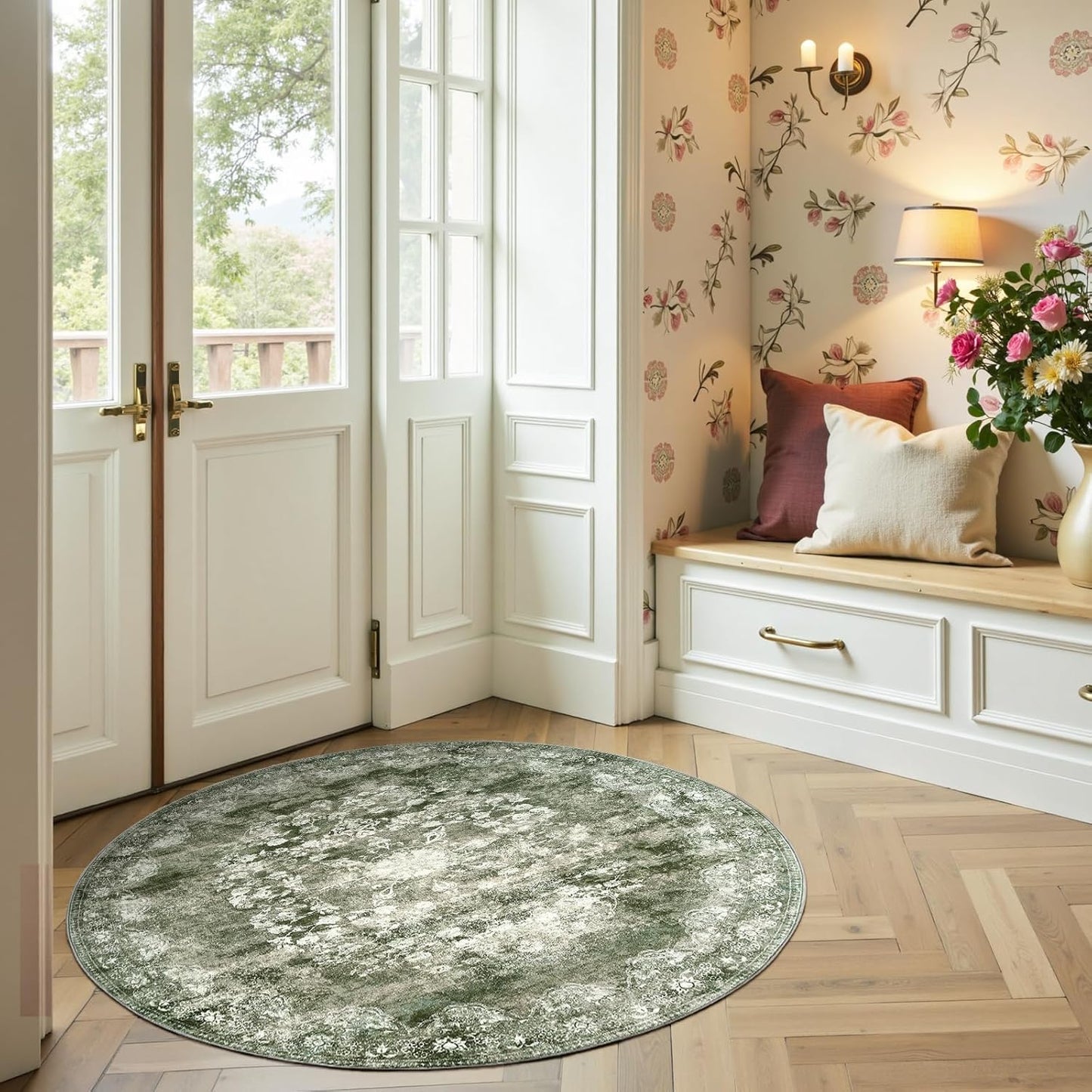 jinchan Round Rug 4ft Area Rug - Green Vintage Floor Mat Kitchen Indoor - Washable Circle 4' Thin Floral Print Carpet Retro Farmhouse Non Slip Dining Room Living Room Bedroom Office