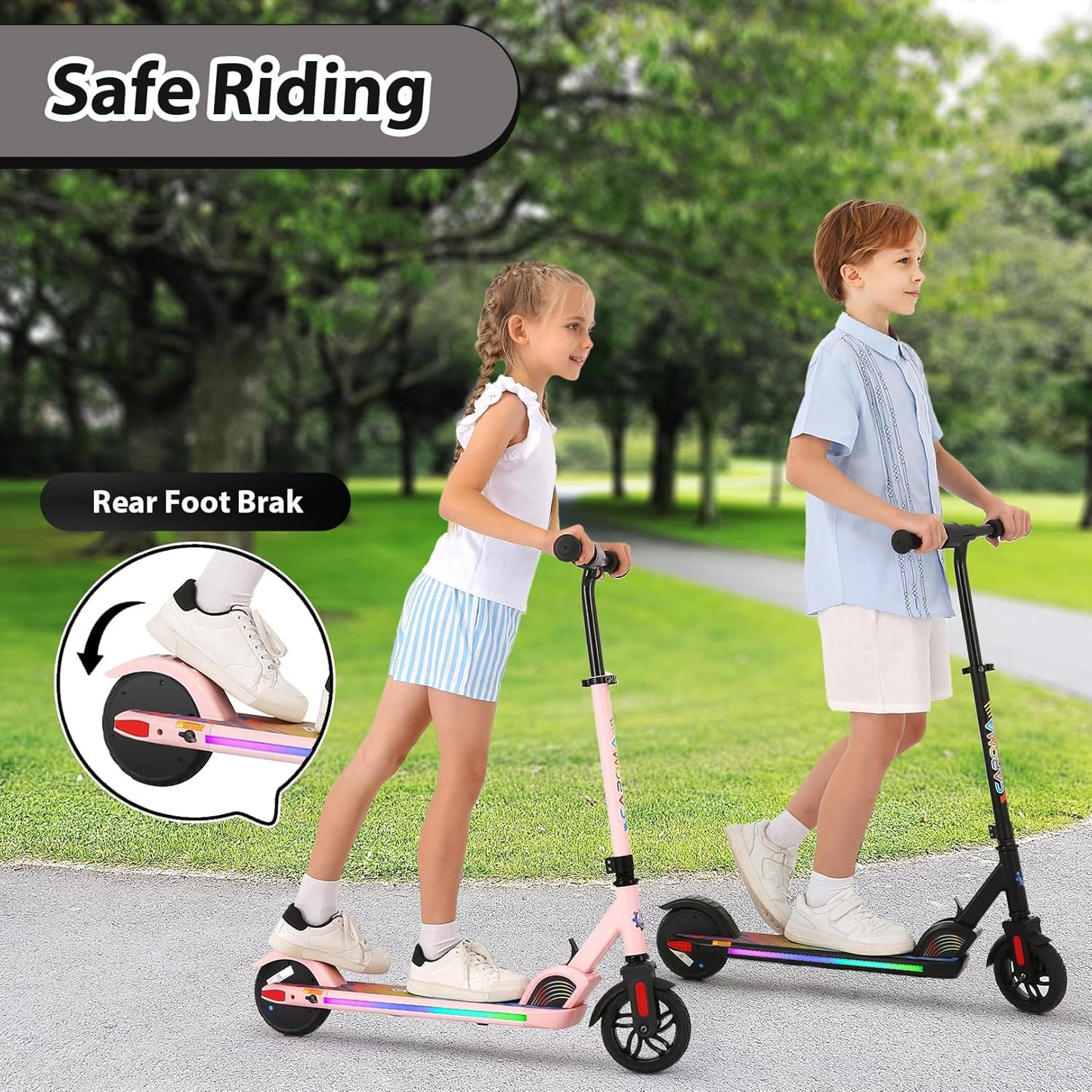 Caroma Electric Scooter for Kids Ages 6-12,150W/180WMotor,10 MPH Max Speed & 7 Miles,Colorful Lights,Adjustable Height & Speed,LED Display,Foldable Kids Electric Scooter 132 Lbs Max Load,Idea Gift