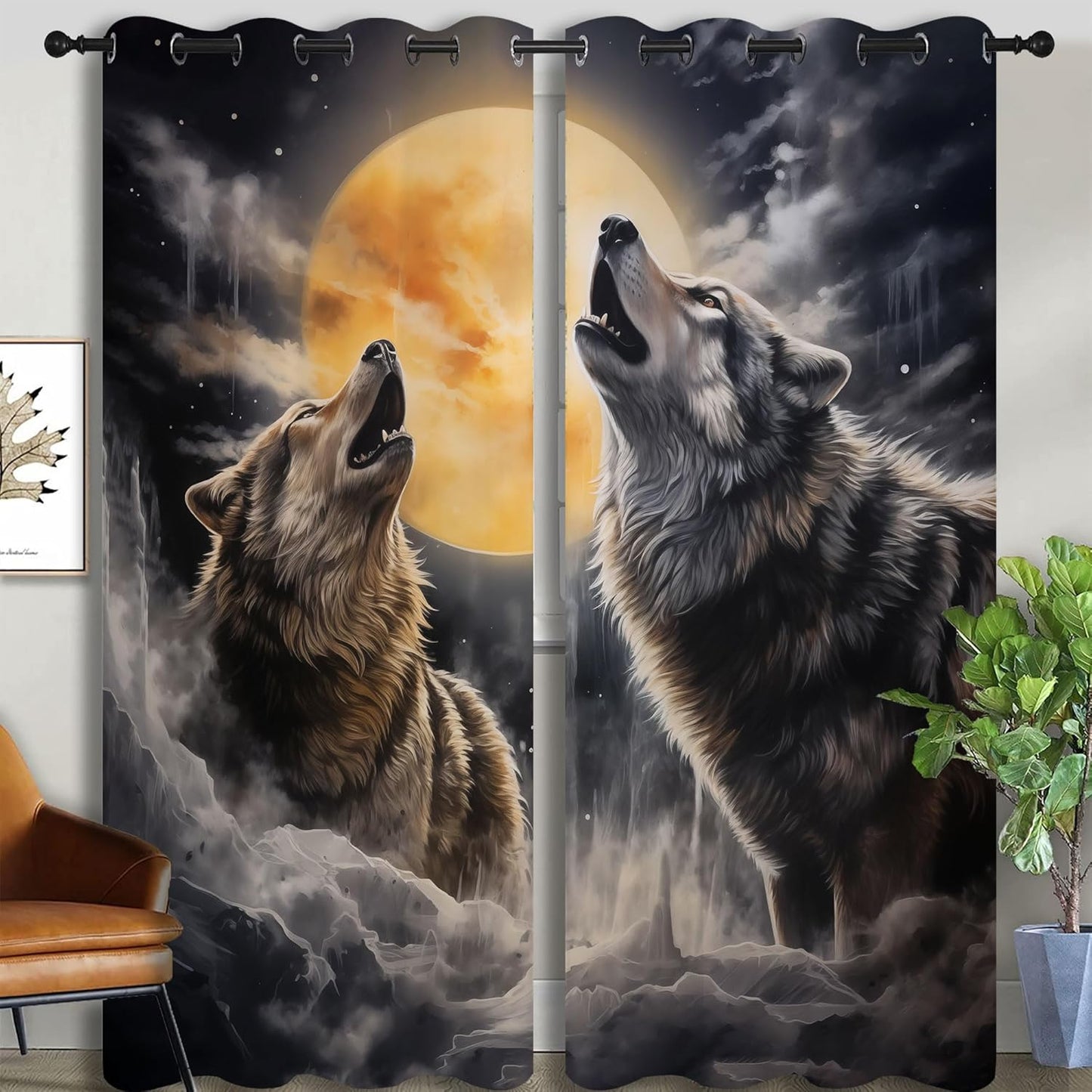 Fantasy Wolf Blackout Curtains for Boys Girl Bedroom Decor,Full Moon Starry Sky Wildlife Retro Thermal Insulated Grommet Drapes Darkening Window Curtain for Living Room Home 84x63 inch