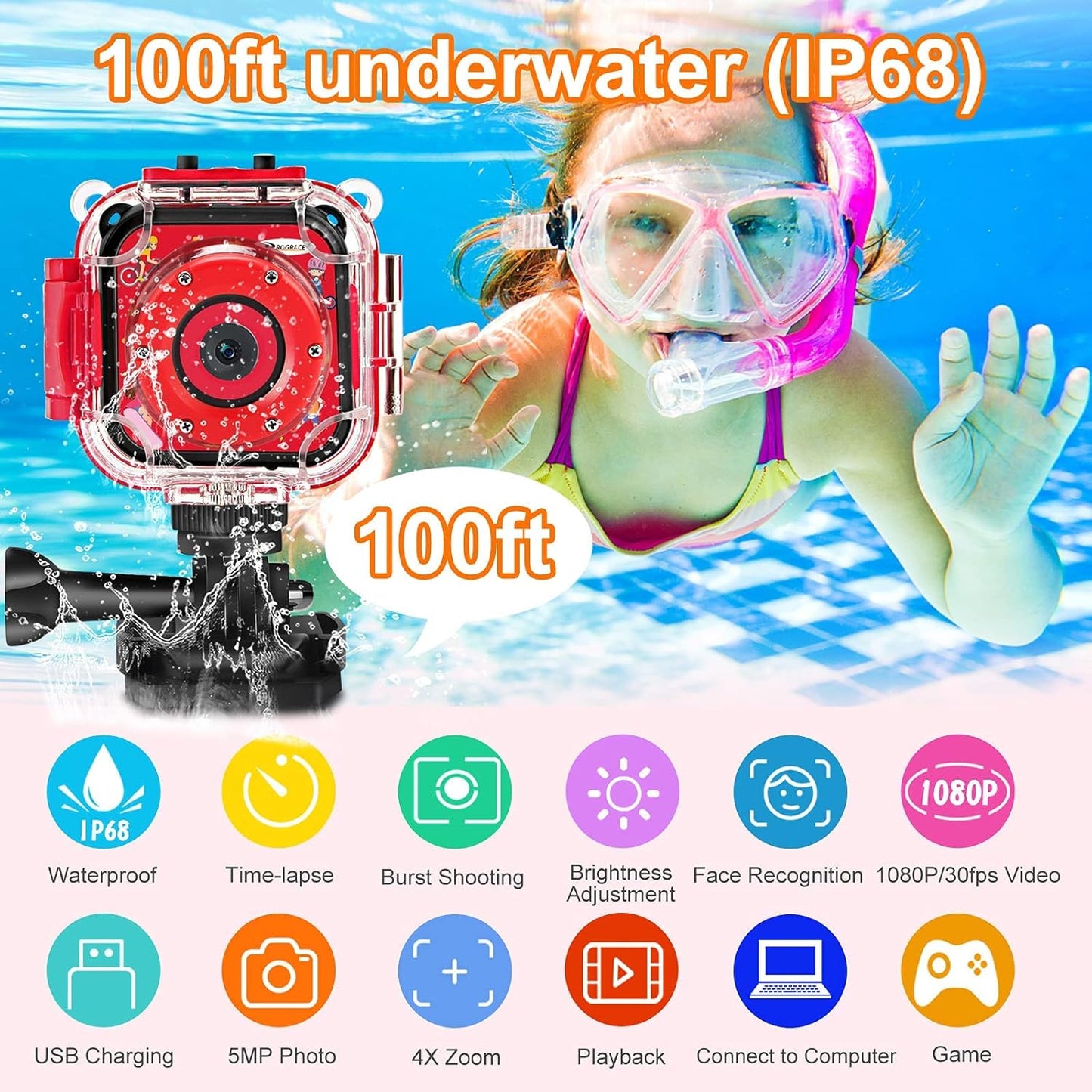 PROGRACE Waterproof Camera for Kids - Christmas Birthday Gifts for 3-12 Year Old Girls 1080P Toddler Digital Cameras Pool Toys for Kids Underwater Video Camera with 32GB SD Card Red