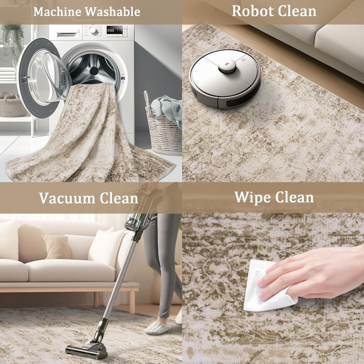 9x12 Area Rug Living Room Rugs - Washable Rug Large Modern Abstract Soft Thin Carpets Indoor Floor No Slip Vintage Carpet for Bedroom Under Dining Table Nursery Home Office Decor Beige