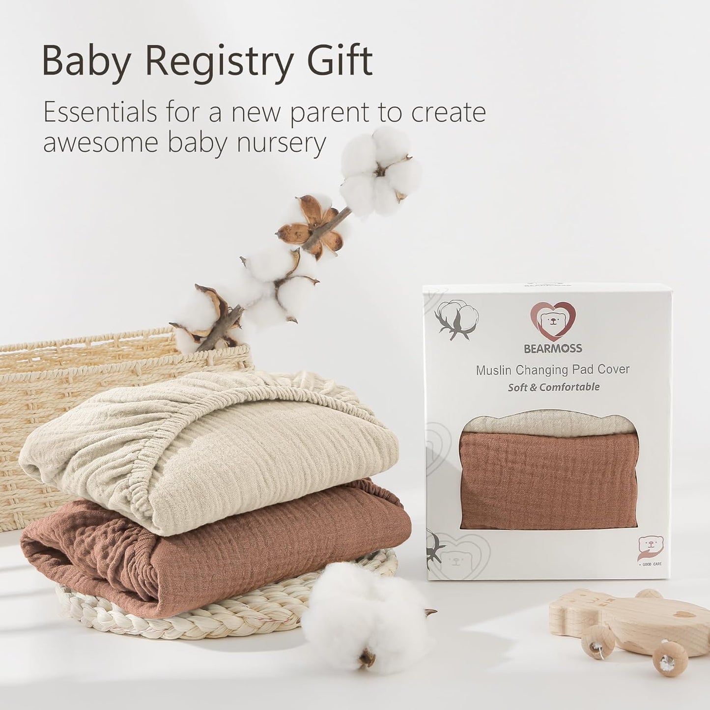 Bearmoss Changing Pad Cover, 2 Pack Muslin [100% Cotton] Diaper Changing Table Covers, 32'' x 16'' Soft Breathable Changing Pad Sheets for Unisex Baby Girls and Boys with Strap Holes (Cappuccino)