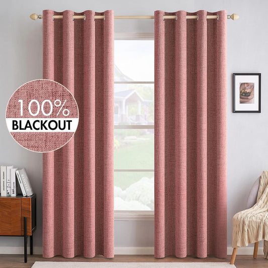 MIULEE 100% Blackout Linen Textured Curtains for Bedroom Solid Thermal Insulated Dusty Rose Grommet Room Darkening Curtains & Drapes Luxury Decor for Living Room Nursery 52 x 72 Inch (2 Panels)