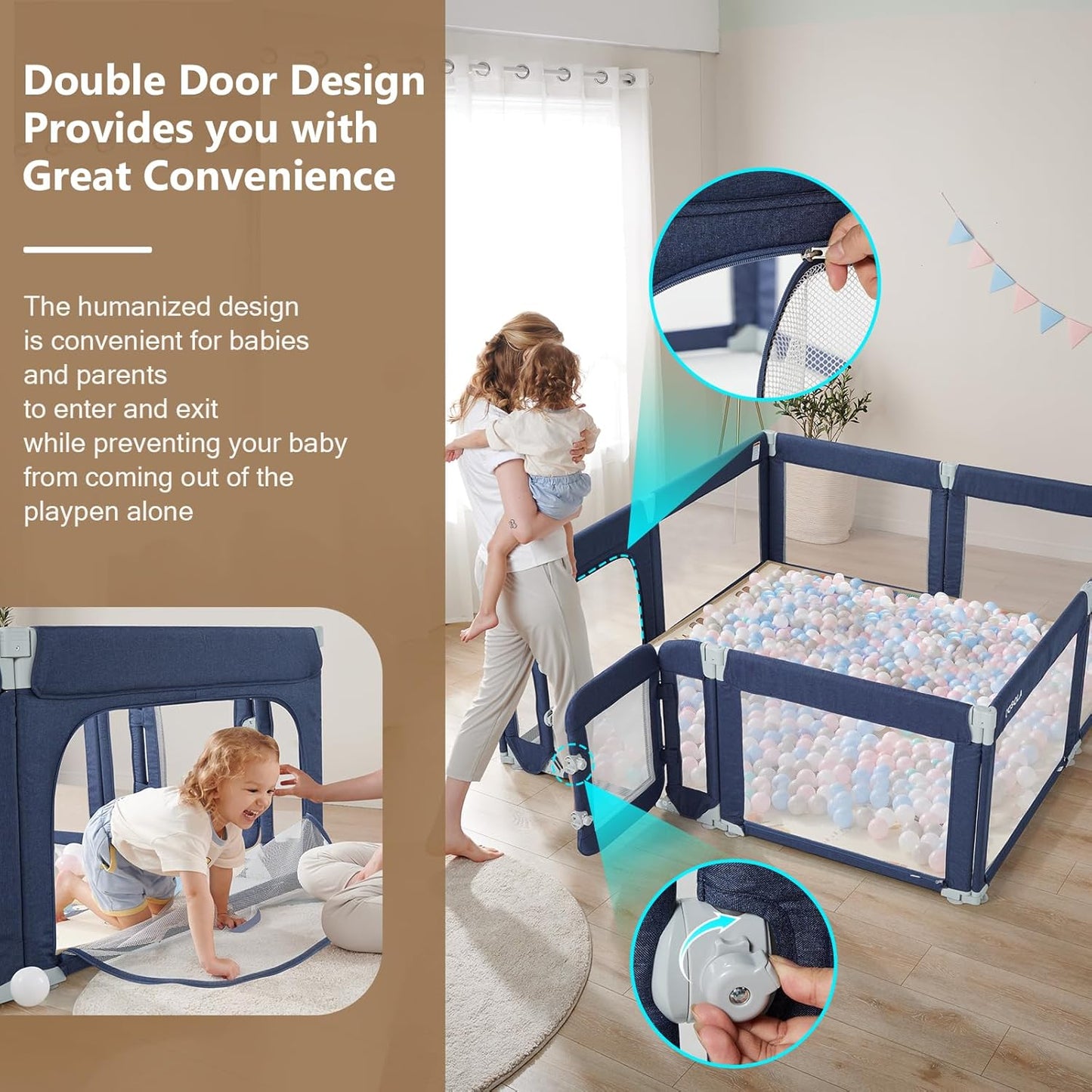 Baby Playpen,Large Play Pen for Babies and Toddlers with Door 79x71 Inch, Adjustable Playpen Non-Slip Suction Cups Base Safe and Sturdy, Indoor Outdoor Playard,Black