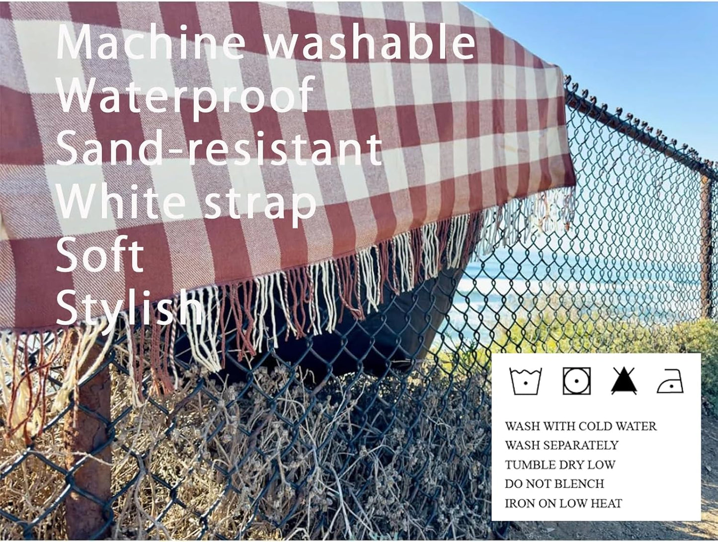 Picnic Blanket Extra Large Waterproof with Strap 59"x79" - Machine Washable Tassels Faux Wool Cashmere for Park, Grass, Camping, Hiking, Concerts (Latte with white shoulder strap, 59"X79")