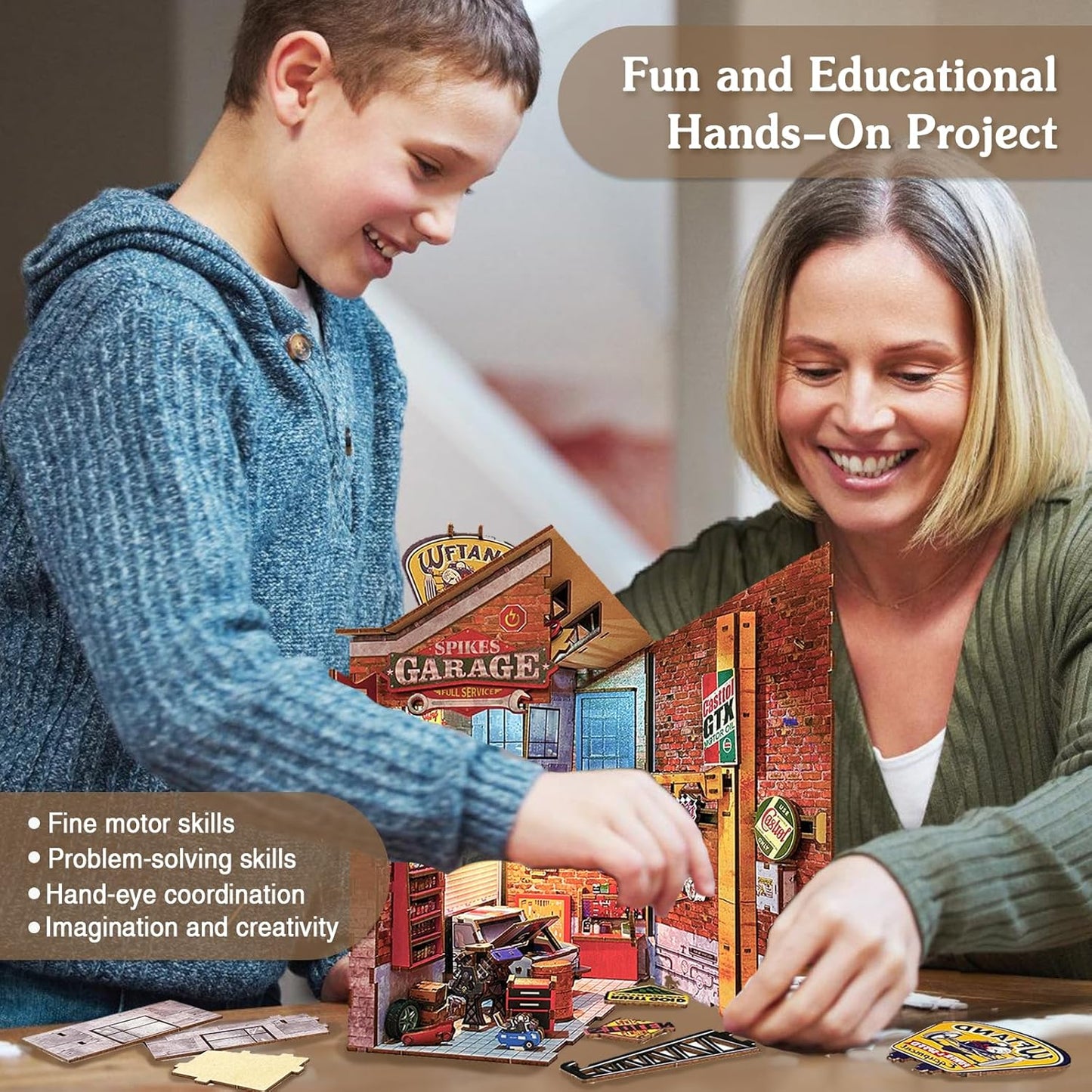 Garage Book Nook Kit - 3D Wooden Puzzle Miniature Book Nook Kits for Adults Teen, DIY Dollhouse Bookshelf Insert Decor with Sensor LED Light, Gift for Family, Friends