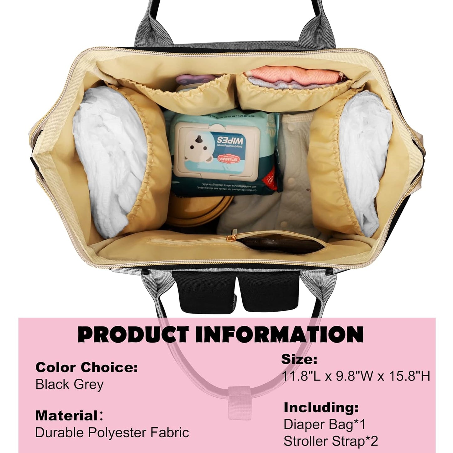 Femuar Diaper Bag Backpack Multifunction Maternity Nappy Baby Bag for Girls & Boys Large Capacity Travel Diaper Bags Black Gray