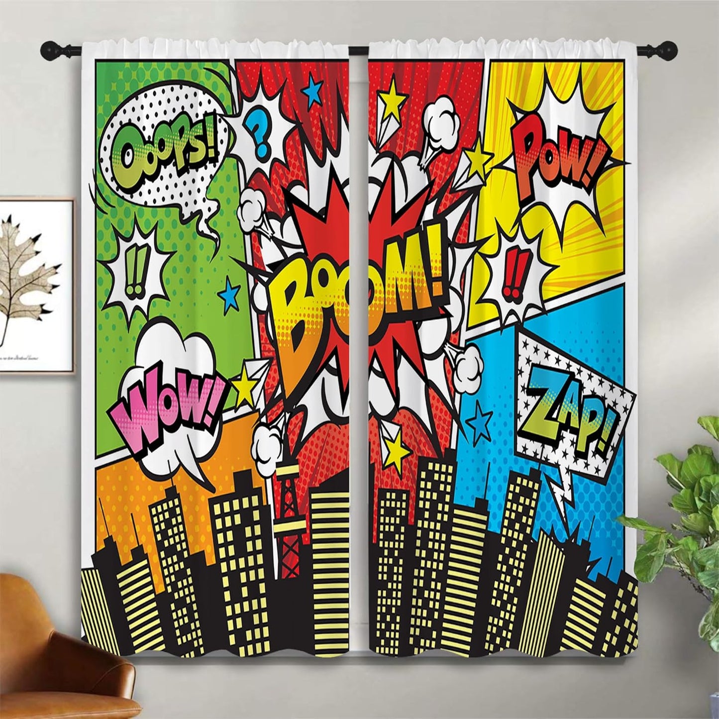 Superhero City Wars Explosion Rod Pocket Blackout Curtains for Boy Girl Bedroom, Colorful Comics Ar Thermal Insulated Home Window Drapes for Living Room Darkening, 42x45 inch