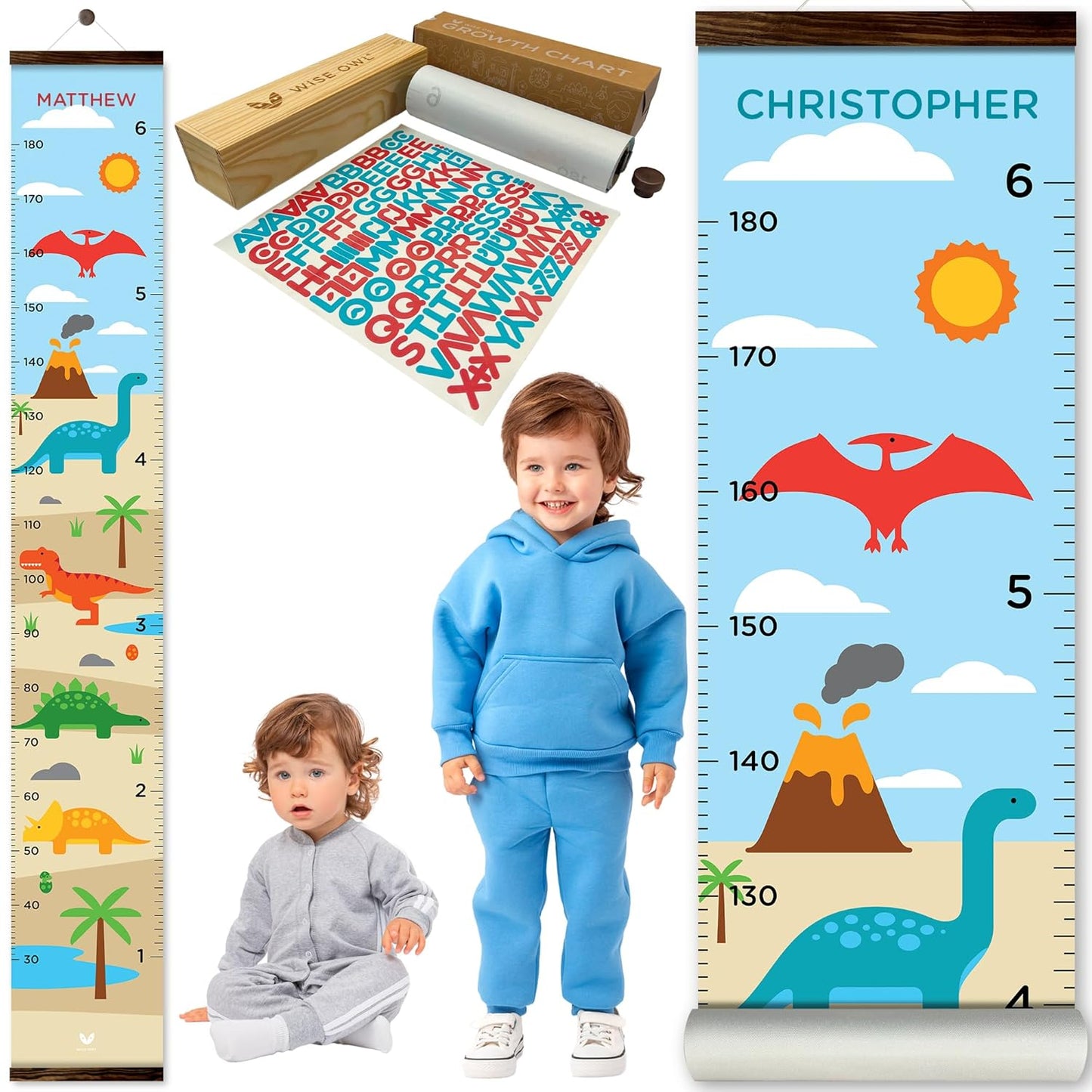 WISE OWL Personalized Growth Chart for Kids - Height Wall Chart for Boys with Peel & Stick Letters for Name - Hanging Canvas Wall Measurement Height Tracker for Baby Gift (Dinosaurs)