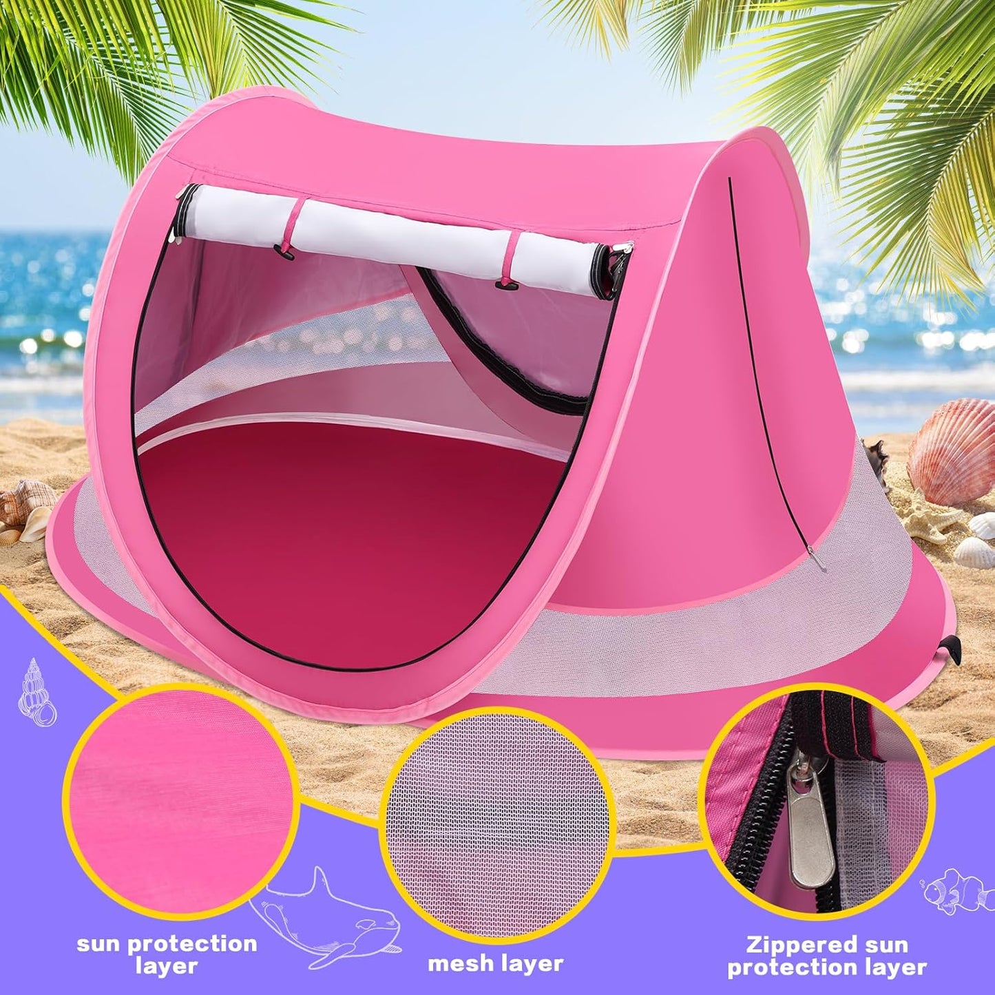 Baby Beach Tent with Baby Hat, Pop Up Toddler Travel Bed with Sun Hat for Boys or Girls, Sun Shade for Toddler Camping, Infant Portable Sun Shade, Summer Beach Baby
