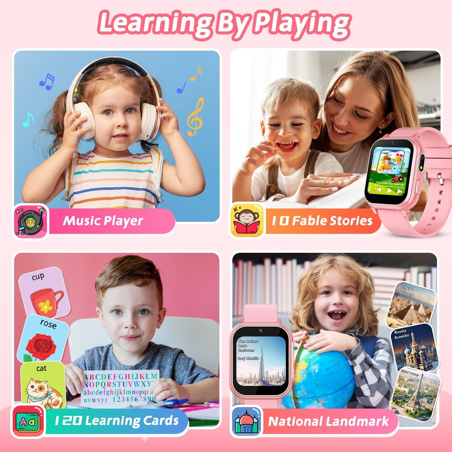 Cosjoype Kids Waterproof Smart Watch with 32 Games Dual Camera HD Touchscreen Music Player Pedometer Flashlight Habit Tracking Audiobook, Kids Toys Birthday Gifts for 5 6 7 8 9 10 Year Old Girls