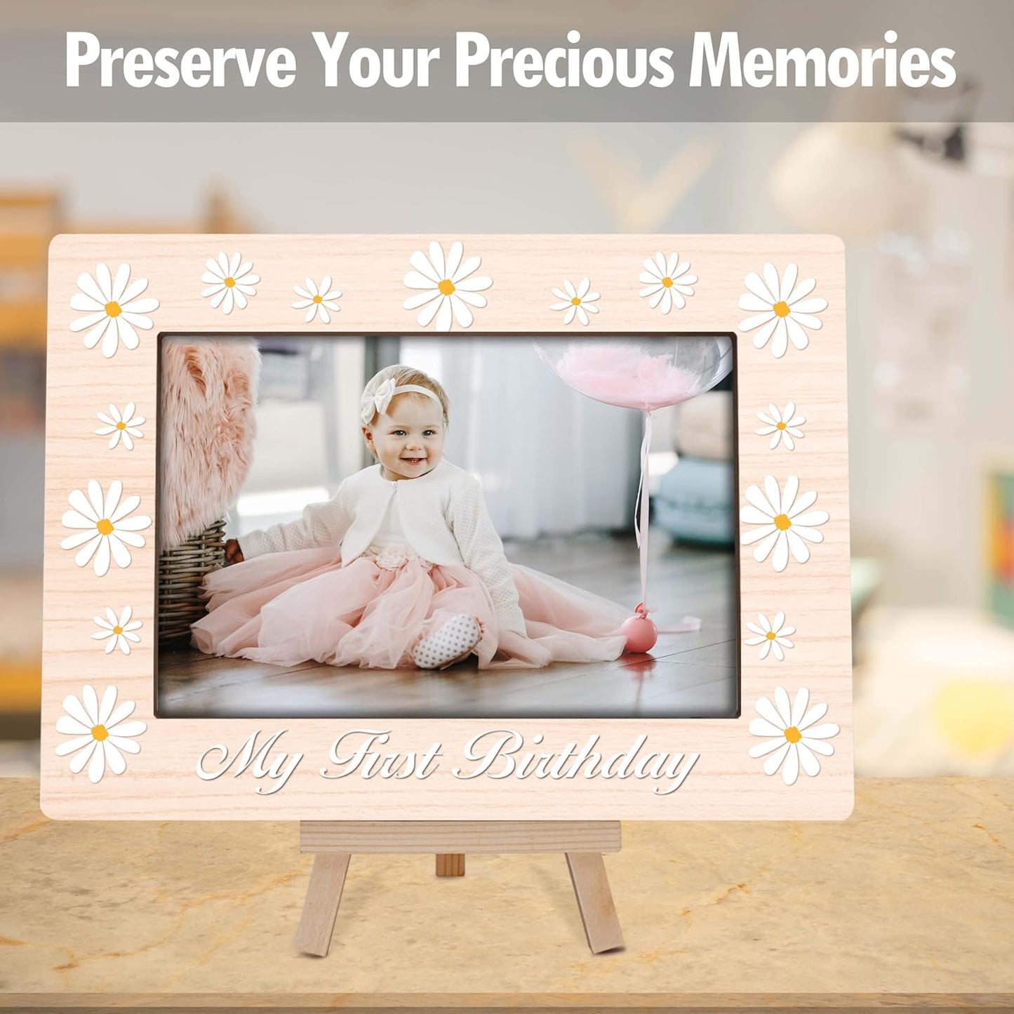 My 1st Birthday Picture Frames, Daisy Wooden 4x6 Photo Frame with Easel, Baby First Year Birthday Gifts for Home Office Tabletop Display Decorations - G02