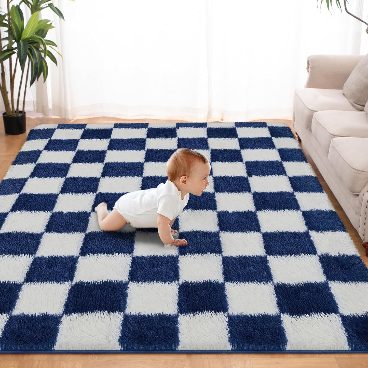 Super Soft Rug for Bedroom, 4x6 ft Blue and White Area Rug Classic Checkered Shaggy Anti-Skid High Pile Soft Fluffy Rug Fuzzy Carpet for Living Room Bedroom Kids Room Nursery, Dorm