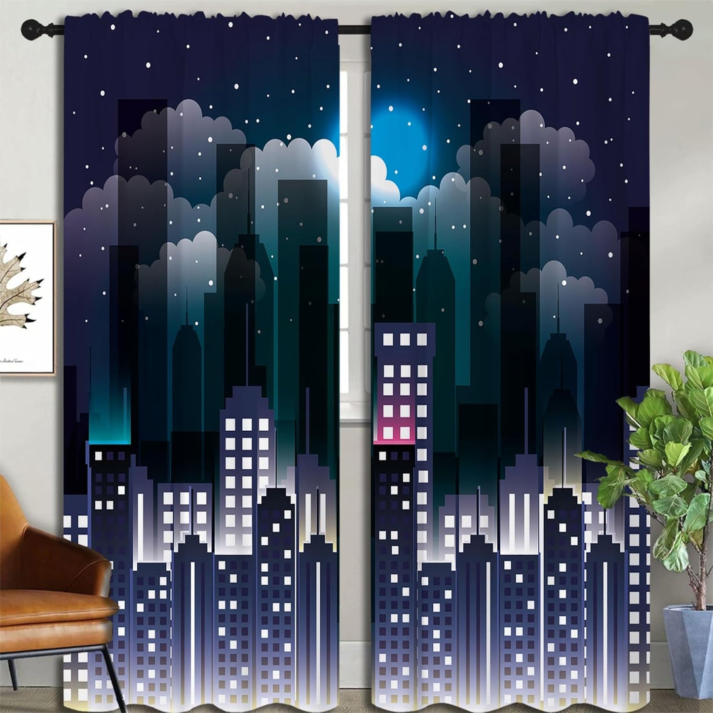 Superhero Rod Pocket Blackout Curtains for Boy Girl Bedroom, Violet Night Sky Buildings Cityscape Thermal Insulated Home Window Drapes for Living Room Darkening, 84x72 inch