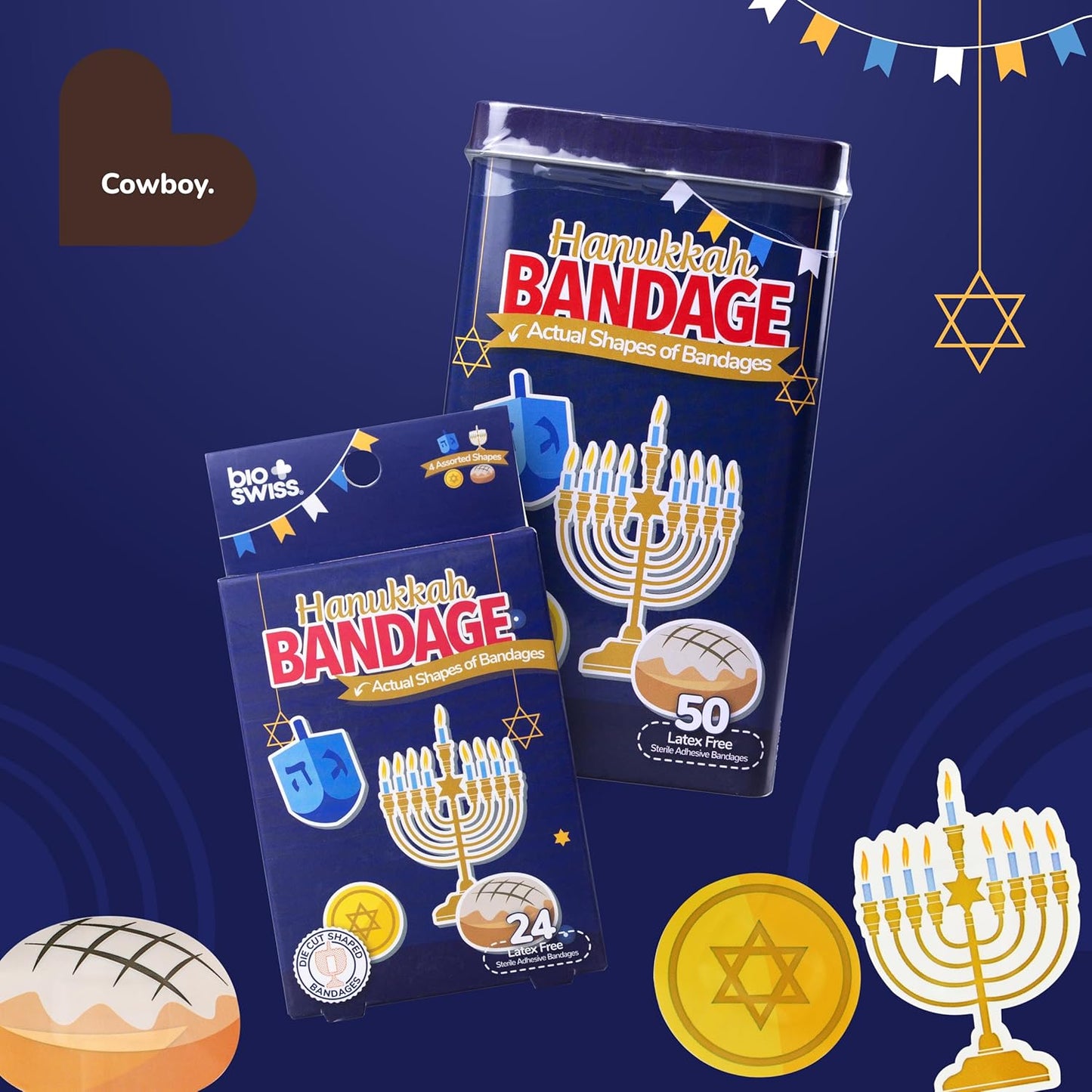 BioSwiss Bandages, Hanukkah Shaped Self Adhesive Bandage, Latex Free Wound Care, Fun First Aid Kit Supplies for Kids and Adults, 24 Count