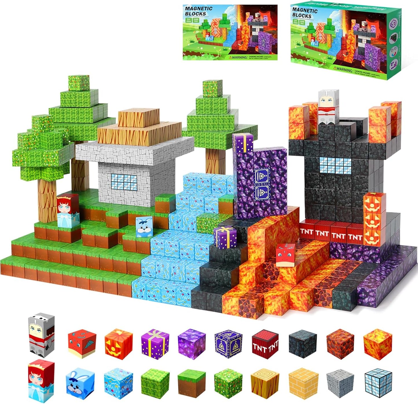 100PCS Magnetic Blocks-1inch -Adventure at Lava World Blocks Set - Magnetic Cubes Building Blocks Toys for Halloween Christmas Birthday Gift - STEM Sensory Toys for 3+ Years Old Girl Boys