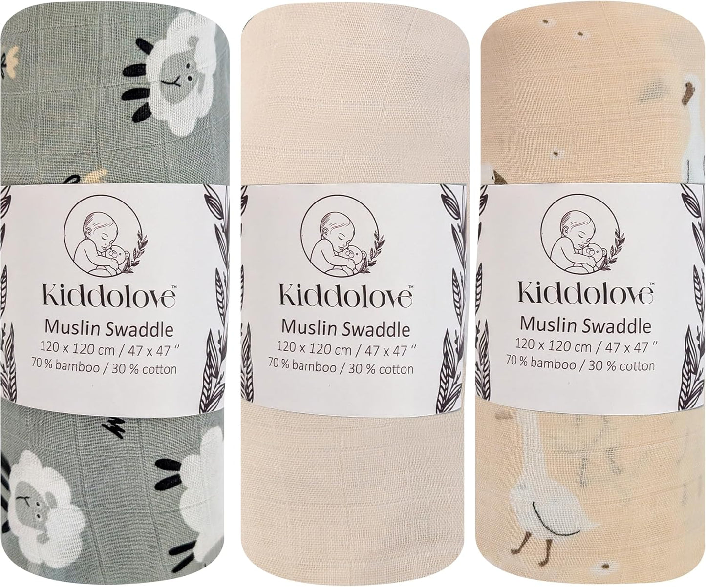 Muslin Swaddle Blankets for Newborn – 3 Pack Large 47"x47" Receiving Blankets – Soft, Breathable & Gentle – Unisex Little Farm