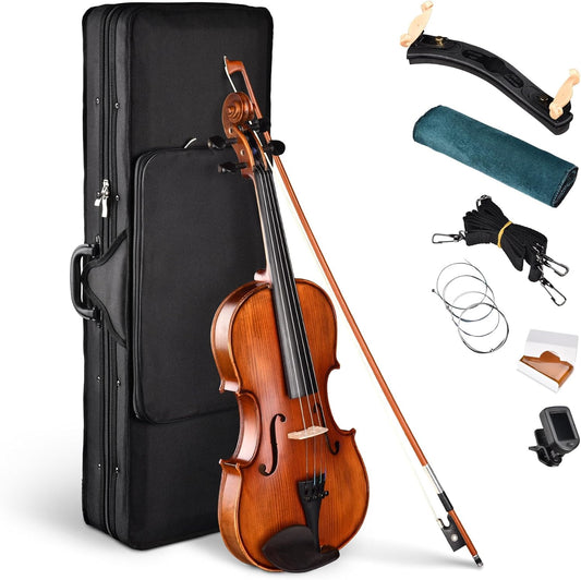 AW Solid Wood Violin 4/4 Full Set with Case & Bow Rosin Shoulder Rest Fiddle Matte Stradivari Copy Style for Beginner Student Adults Starter Kit