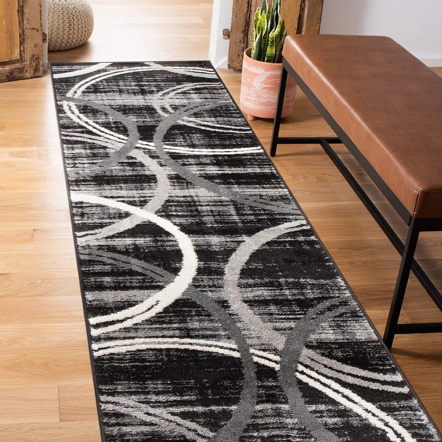 Rugshop Modern Wavy Circles Design Runner Rug 2' x 7'2" Black