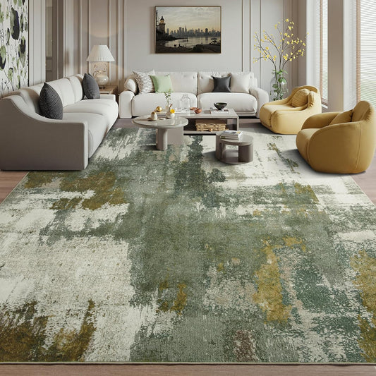 Kelarea Living Room Rug, 9x12 Rug Modern Abstract Washable Rugs, Green Vintage Low Pile Carpet, Non Slip Large Rugs for Bedroom, Dining Room, College Dorm, Home Office