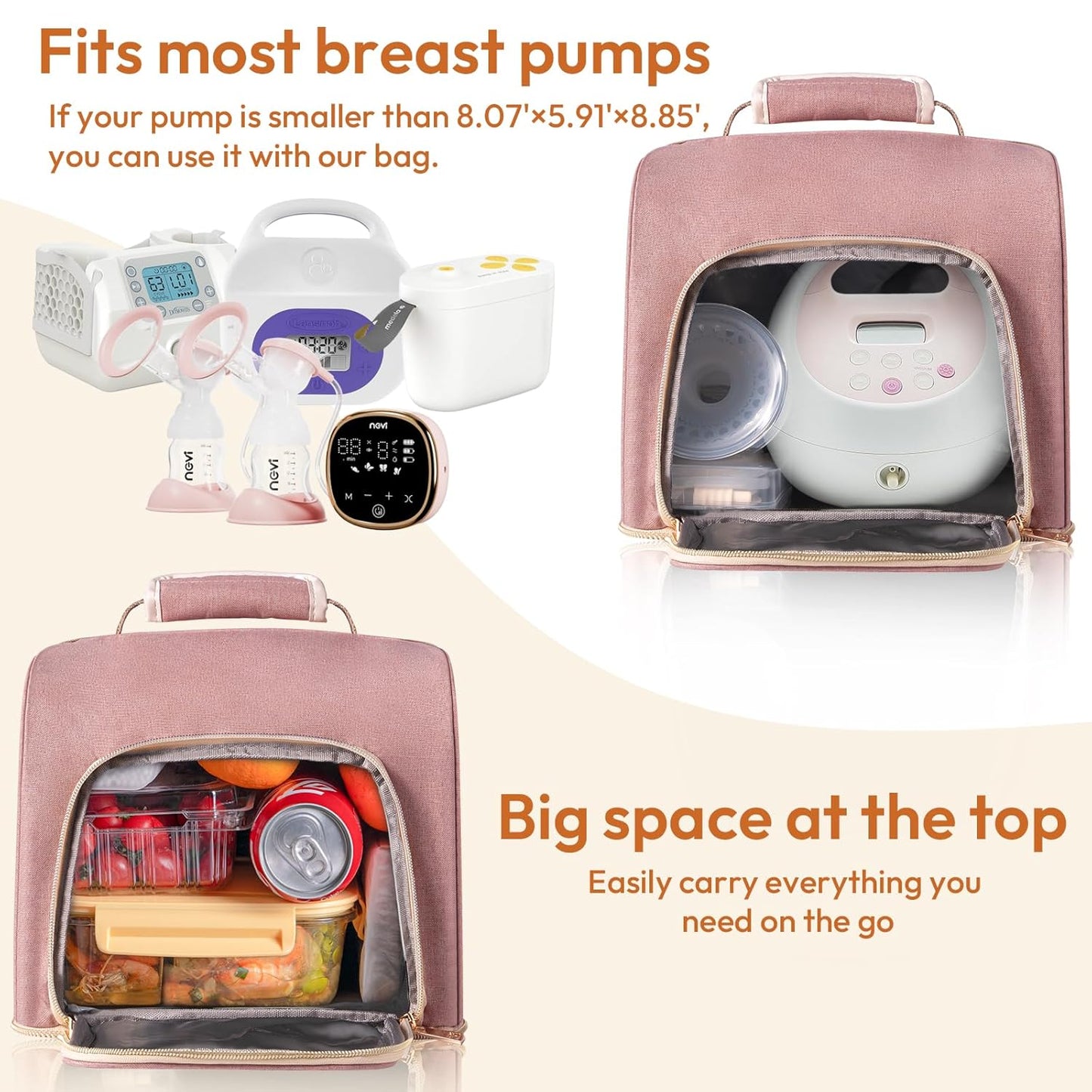 NCVI Breast Pump Bag, Double Layer Removable Pump Bag for Spectra S1, S2, Medela, Breast Pump Backpack with Ice Pack, Insulated Breast Milk Cooler Bag for Working Nursing Moms, Pink
