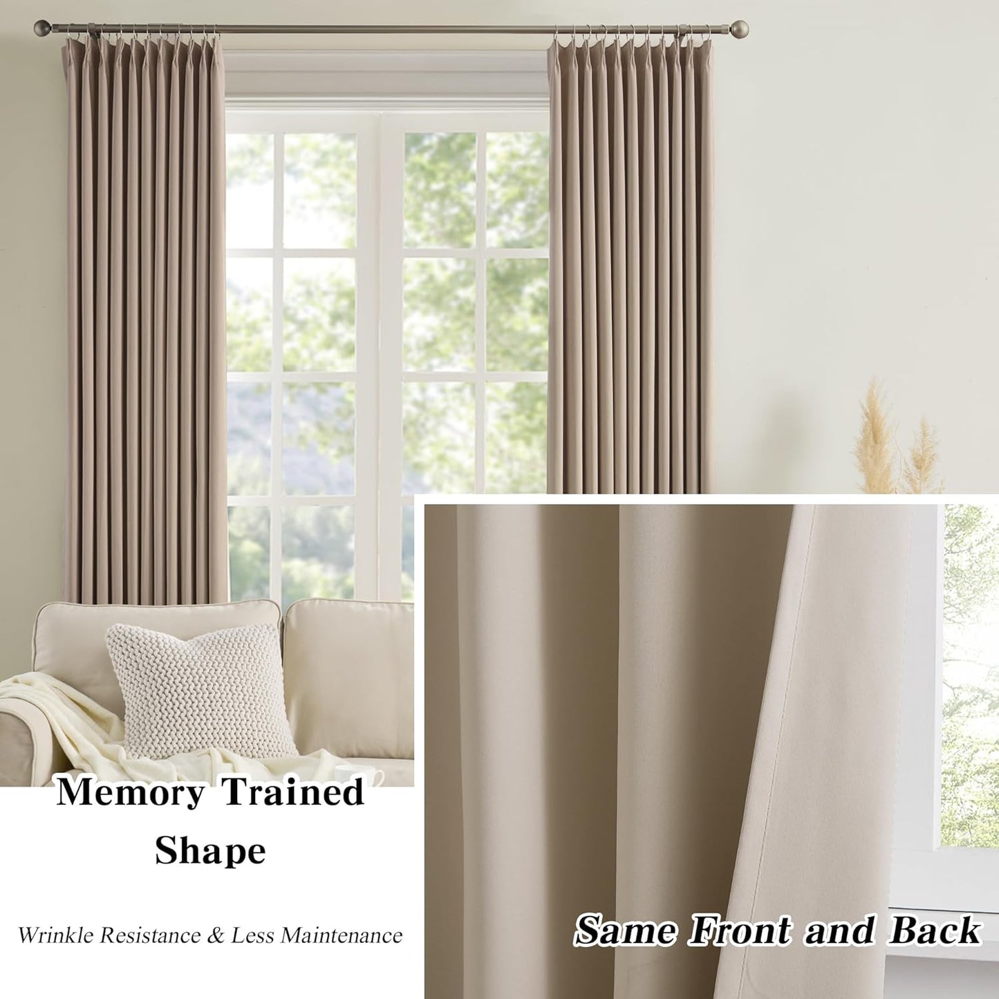 Pinch Pleated Patio Sliding Door Curtains 84 Inch Length, Blackout Room Divider Vertical Blinds Curtain Drapes for Living Room Dining Room French Door(Khaki, 100 Inch Wide per Panel, 2 Panels)