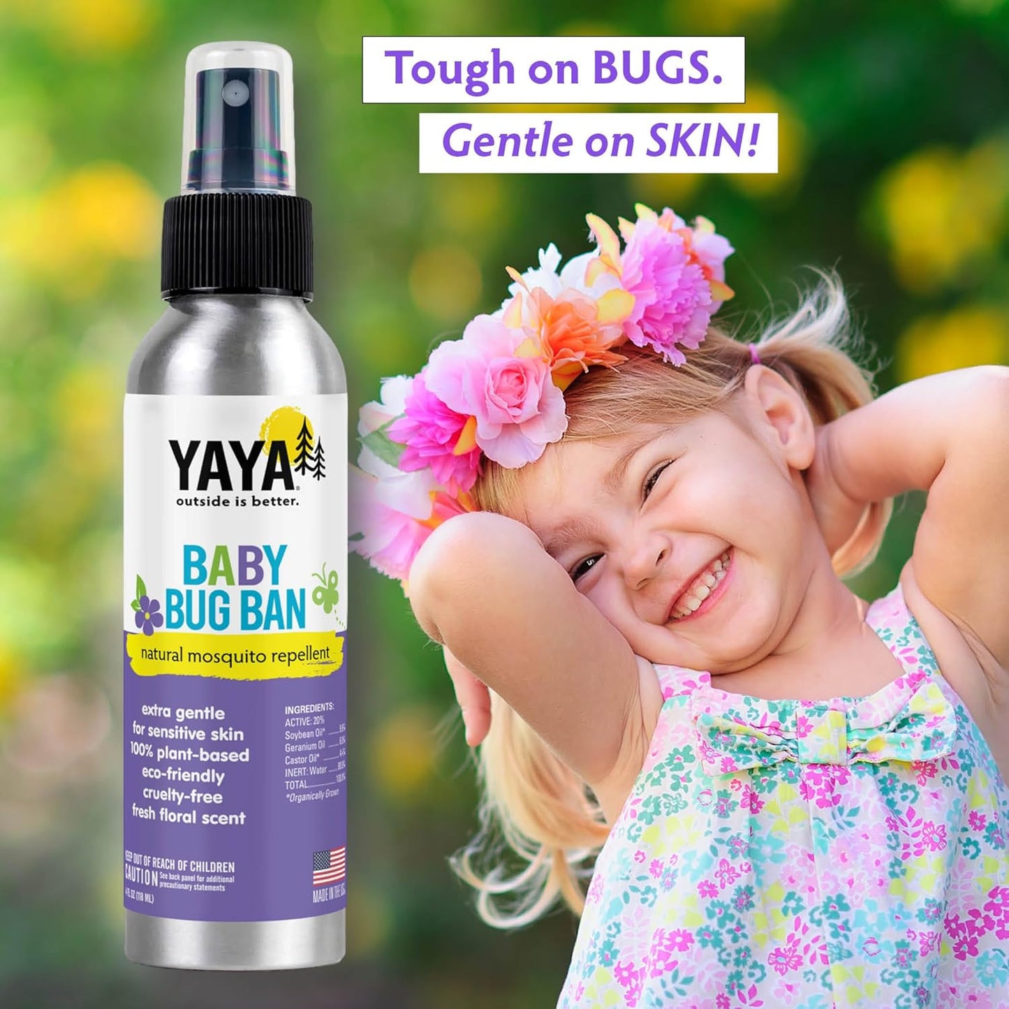 YAYA ORGANICS Baby Bug BAN – All-Natural, Proven Effective Repellent for Babies, Children and Sensitive Skin (4 Ounce Spray)